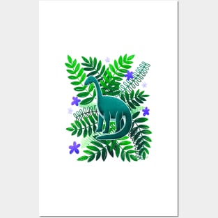 Dinosaur & Leaves - Green and Indigo Posters and Art